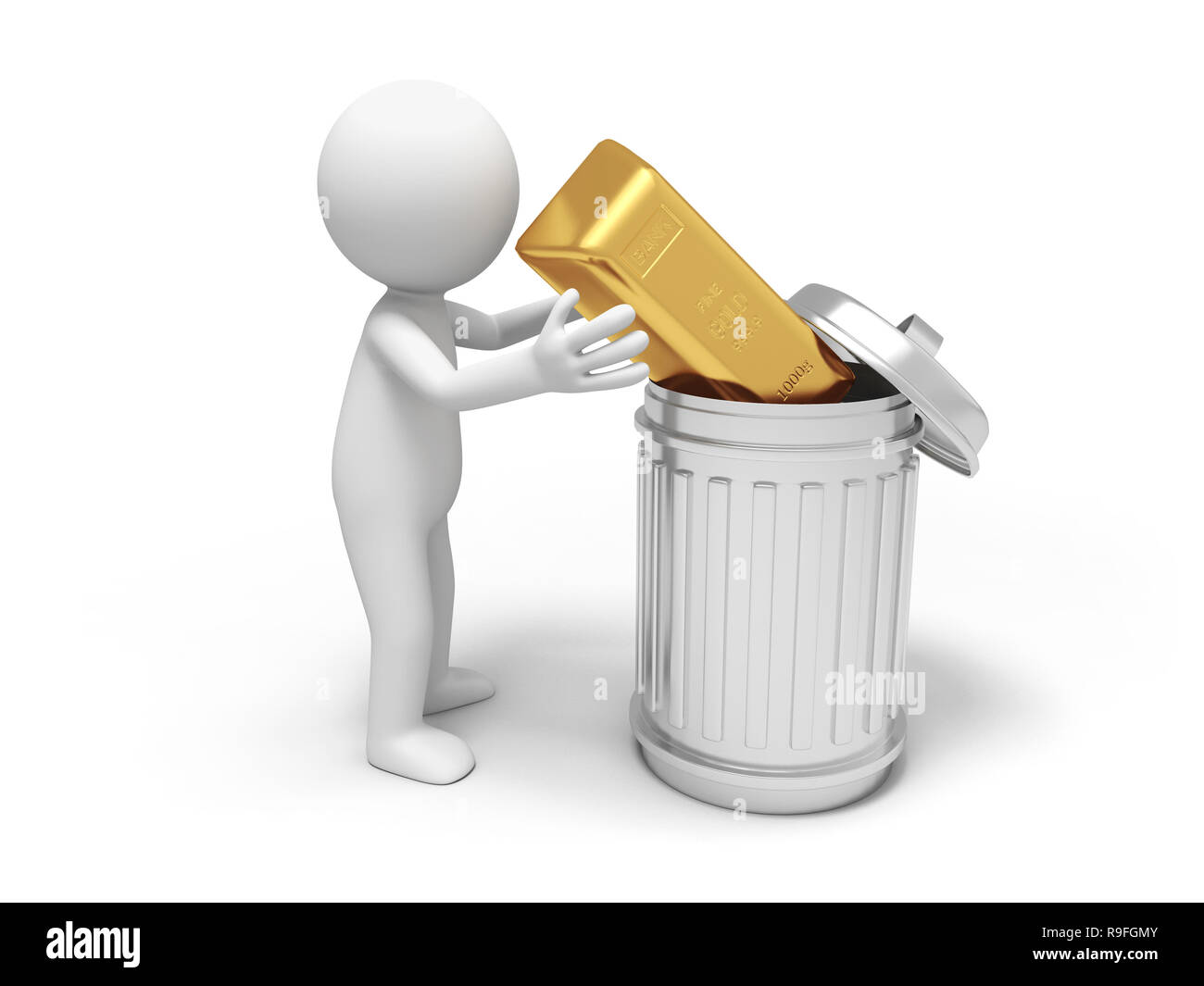 Gold,money,A people bring a gold brick into a trash can Stock Photo