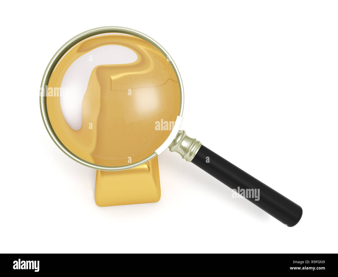 Gold,money,A gold brick and a  magnifying glass Stock Photo