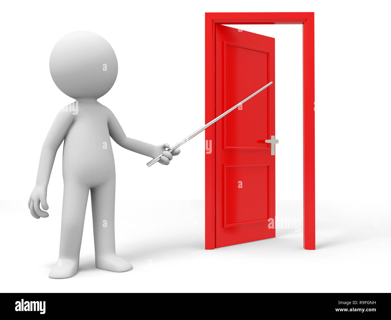 Open,Point,Introduce,A person points a opened door Stock Photo