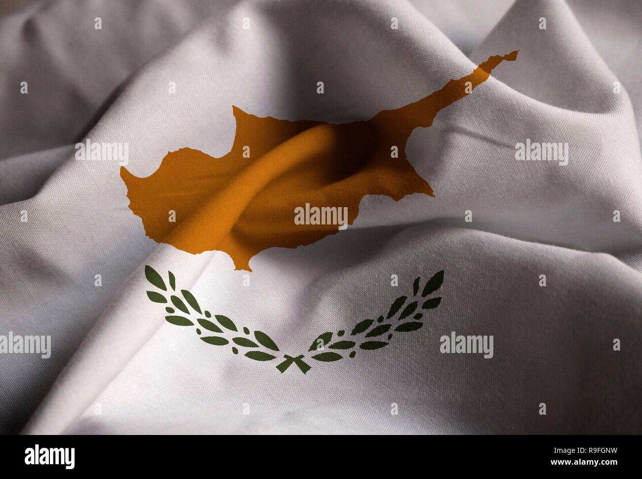Closeup of Ruffled Cyprus Flag, Cyprus Flag Blowing in Wind Stock Photo