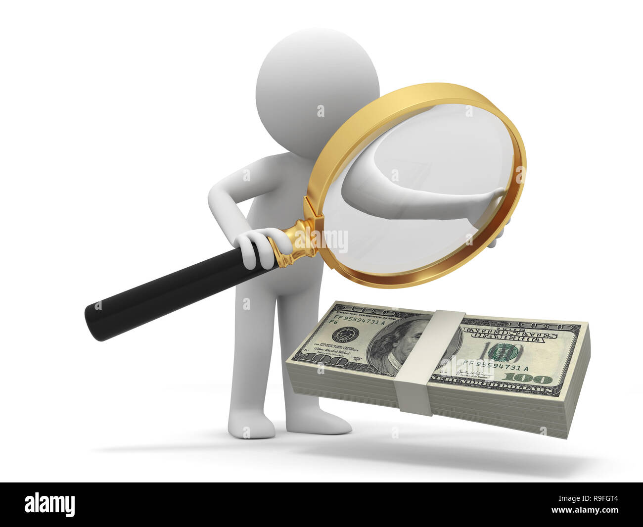 Dollar,Magnifying glass, a person watching a bundle of dollars with a magnifying glass Stock Photo