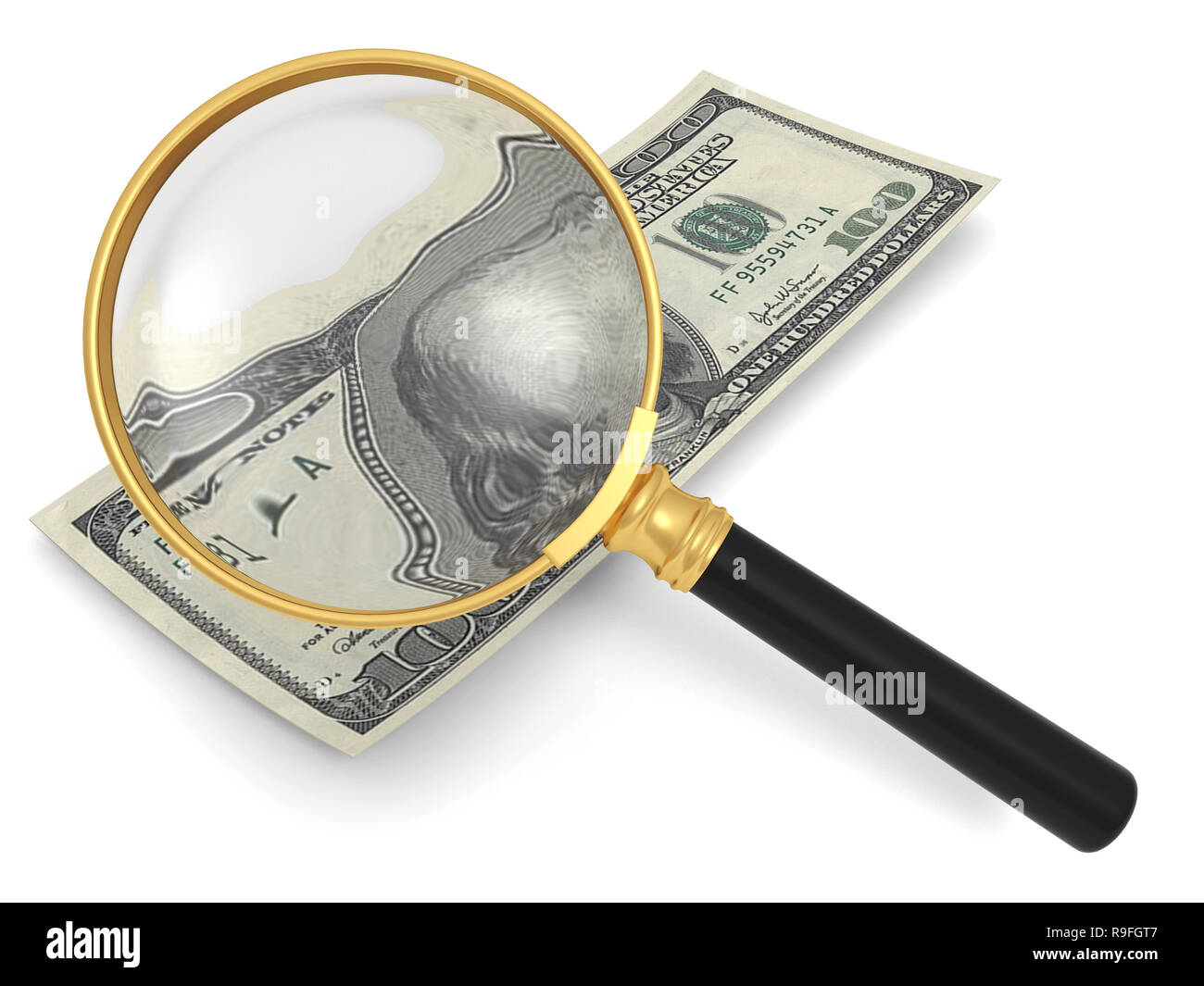 Dollar,magnifying glass,a piece of dollar and a magnifying glass Stock Photo