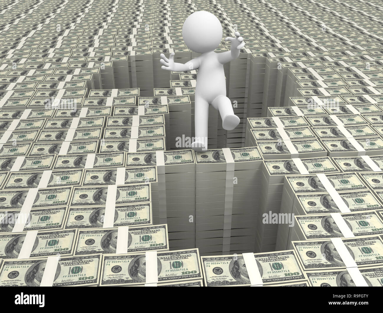 Dollar,question mark,a person standing a question mark on bundles of dollars Stock Photo