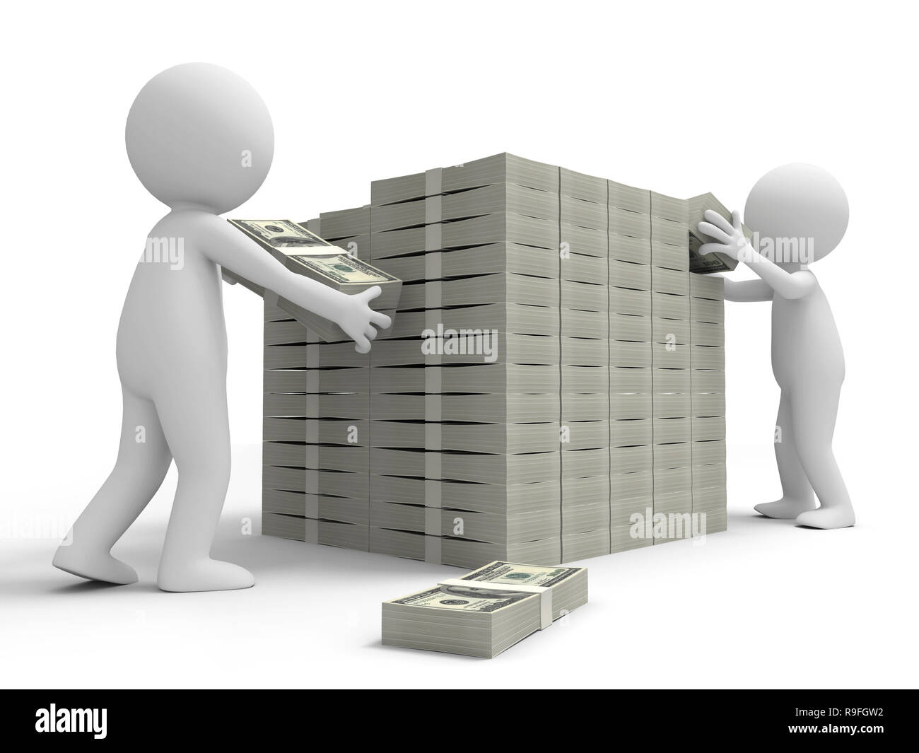 Dollar,wall,two people framing a wall with bundles of dollars Stock Photo