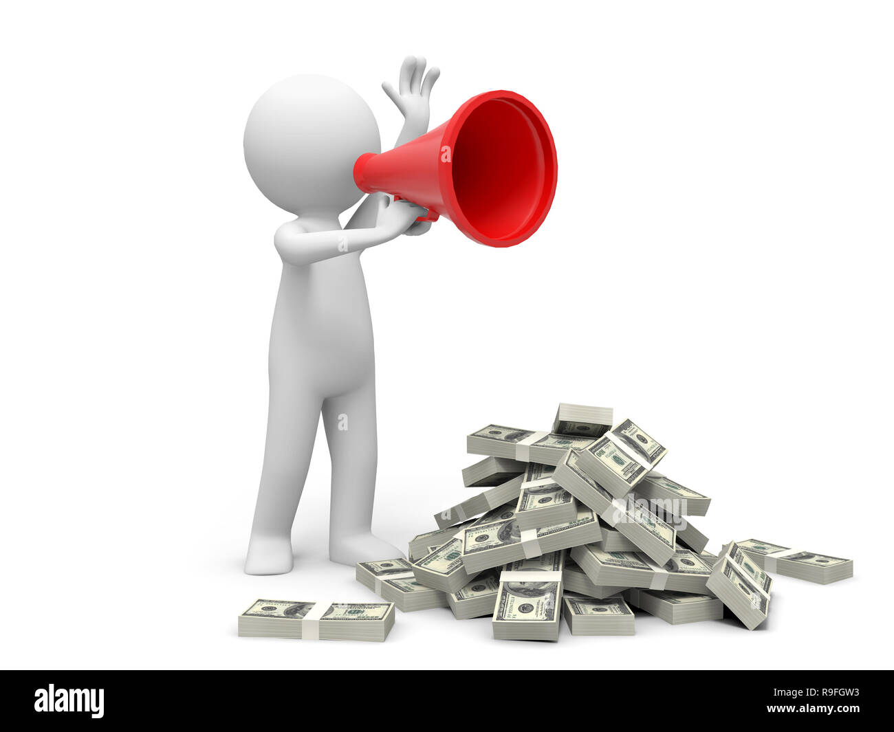 Dollar,speaker,a person walk with a speaker , bundles of dollars Stock Photo