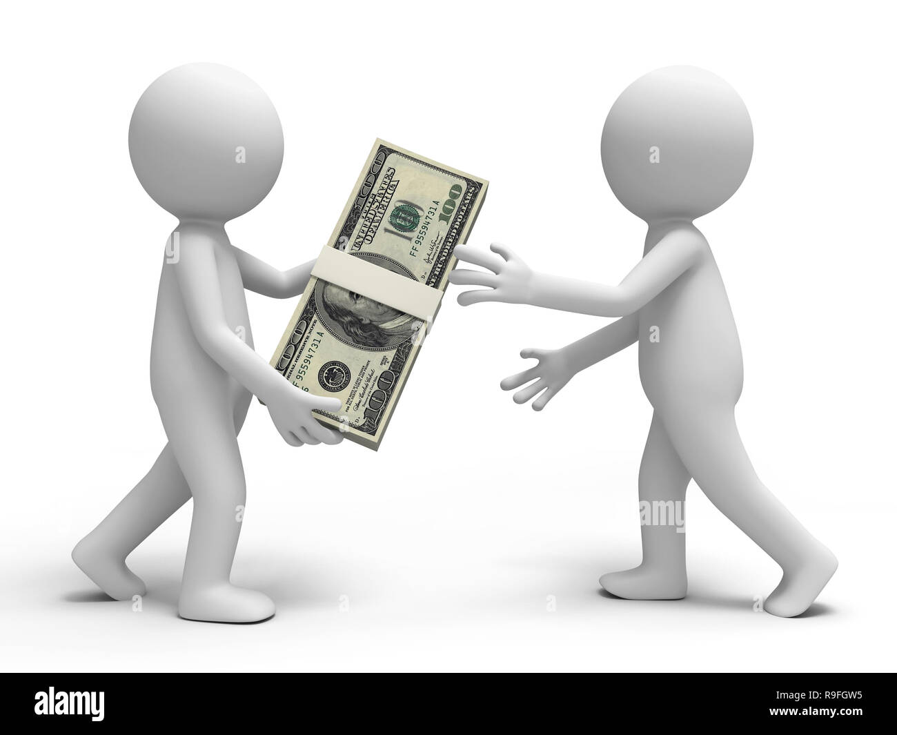Dollar,a person giving a bundle of dollars to another one Stock Photo
