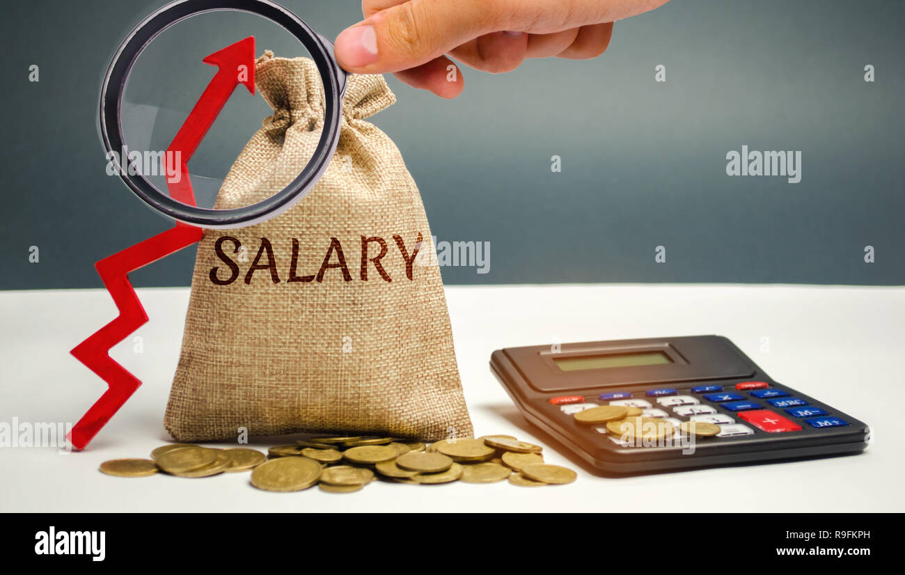 Bag with money and word Salary and up arrow with calculator. increase of salary, wage rates. promotion, career growth. raising the standard of living. Stock Photo