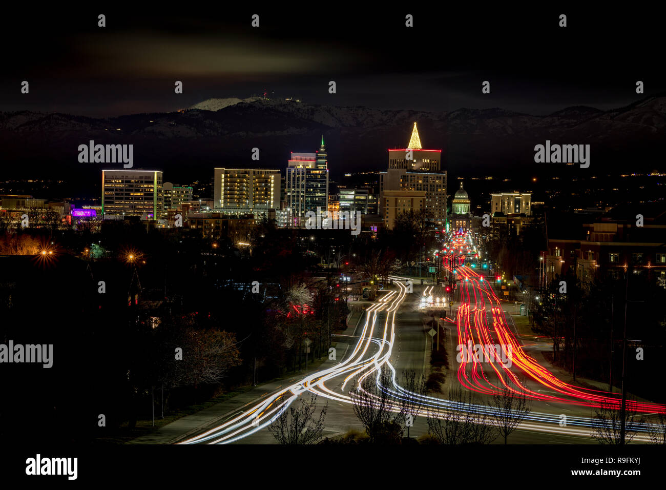 Night motion blur car lights downtown Boise Idaho at Christmas time