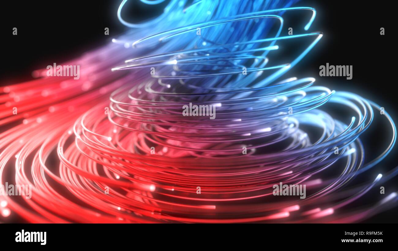 blue and red fiber optic strings in dark. 3d illustration Stock Photo