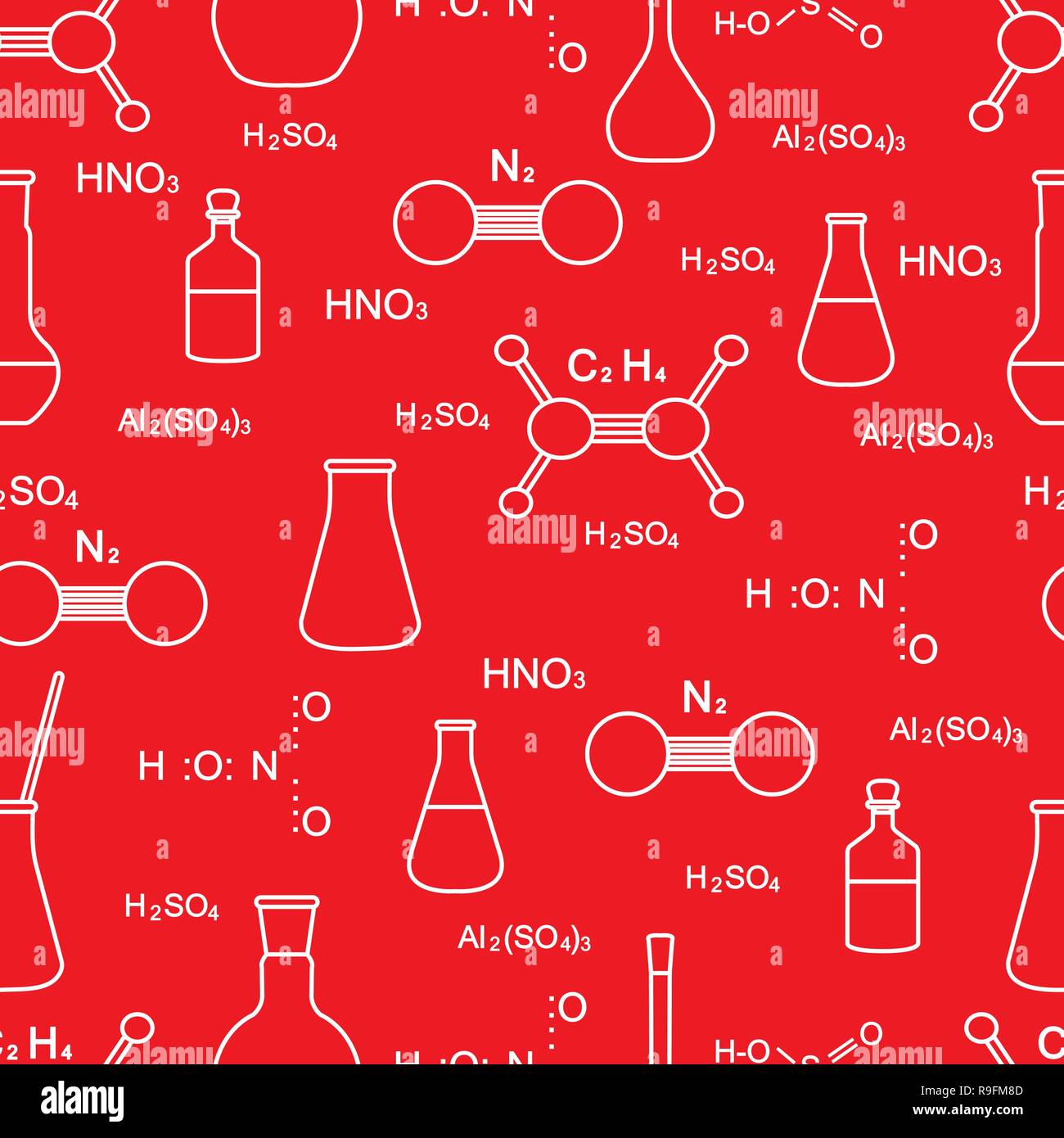 Scientific vector seamless pattern with flasks, beakers, molecule ...