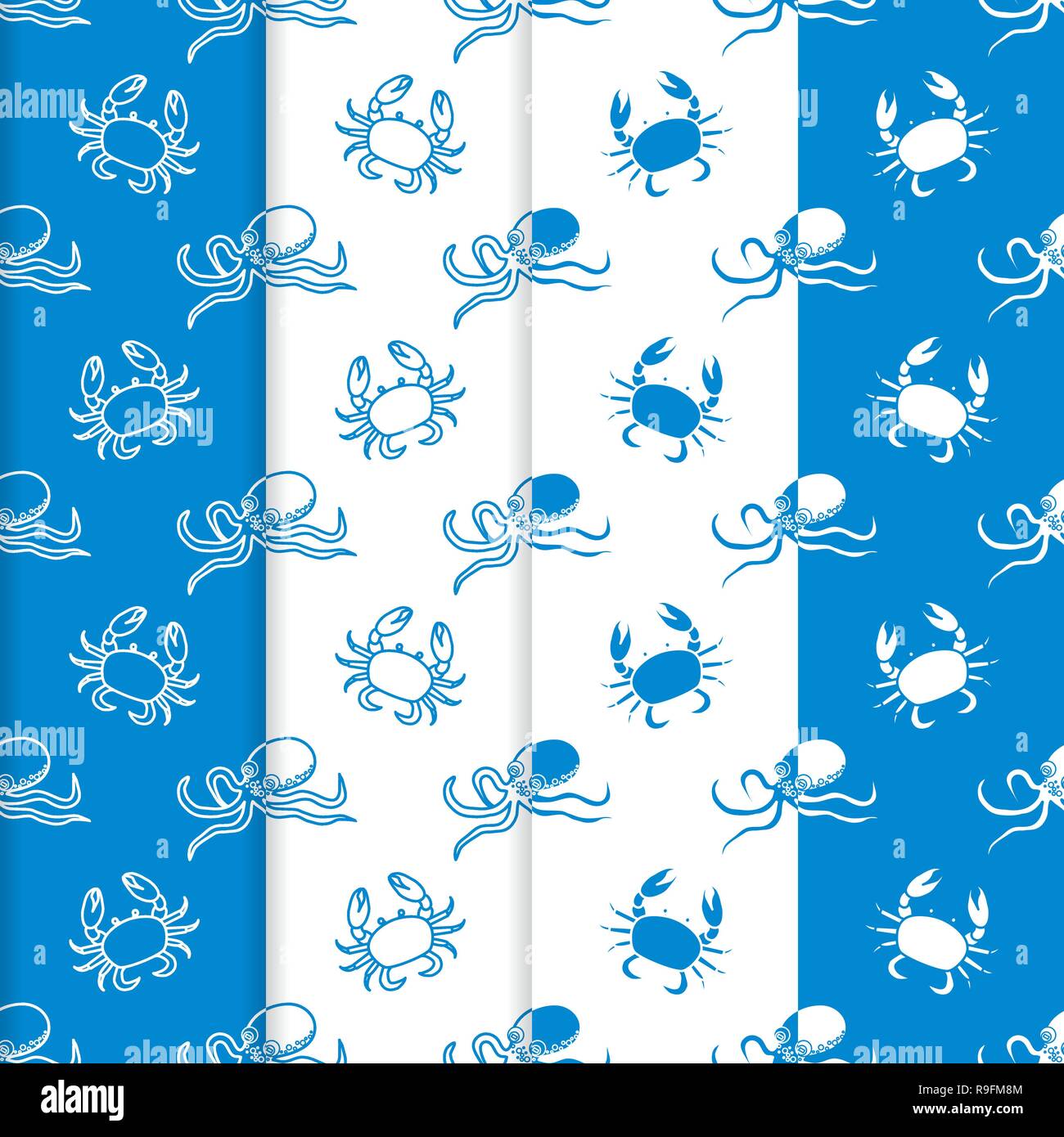 Set of 4 vector seamless pattern with octopuses and crabs. Sea ...