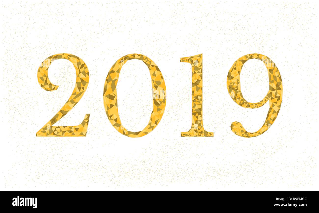 2019 New Year vector illustration , golden text, low poly design Stock Vector