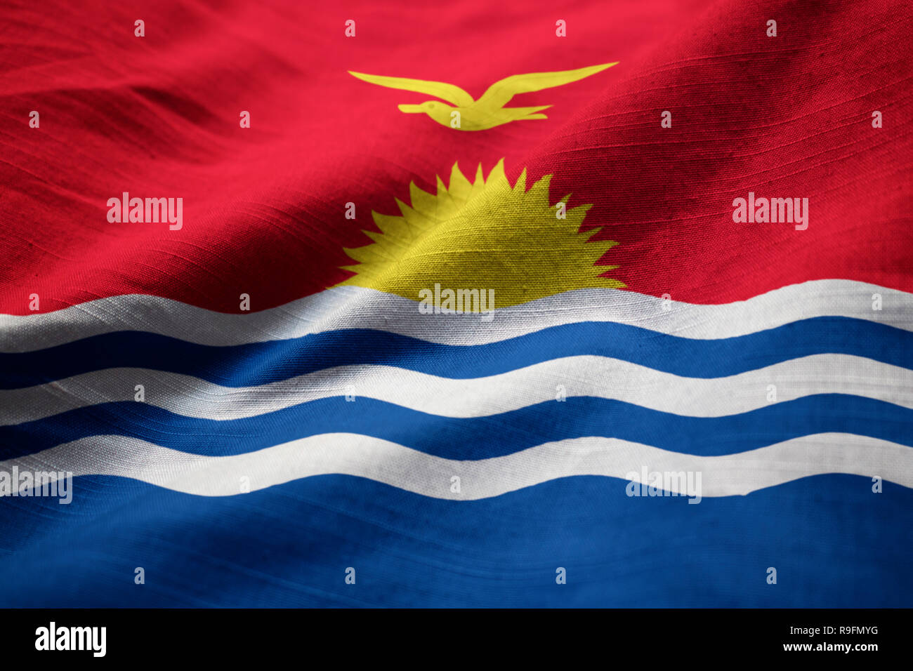 Closeup of Ruffled kiribati Flag, kiribati Flag Blowing in Wind Stock Photo