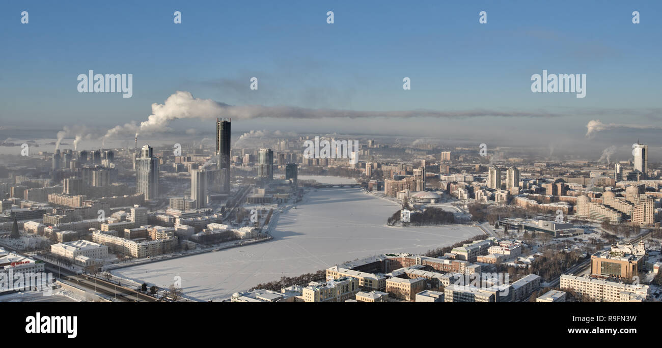 Aerial view to the central part of Yekaterinburg, Russia in a winter day Stock Photo