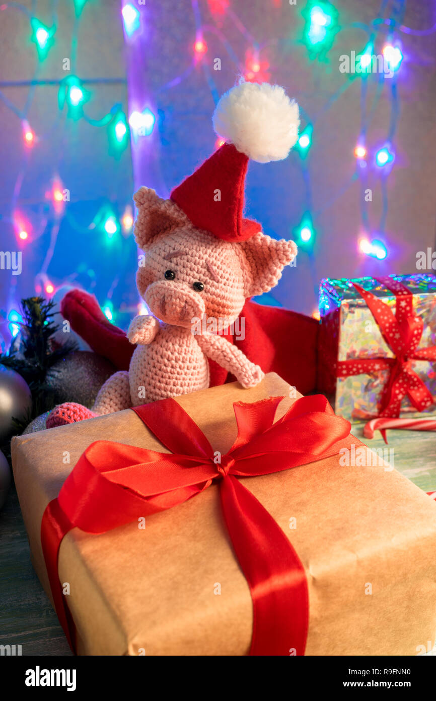 Funny pig in a red bag with big gift on background with illumination. Stock Photo