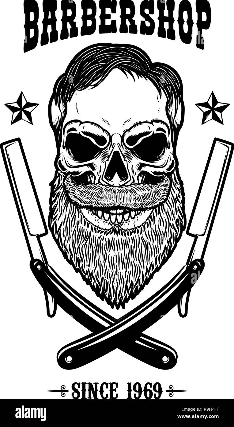 Skull with beard and two shaving blades. T-shirt print design template ...