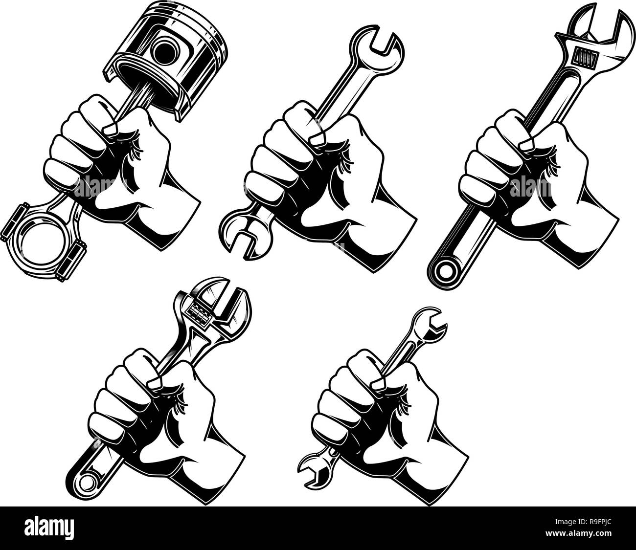 Hand with wrench, car piston.Design element for logo, label, emblem
