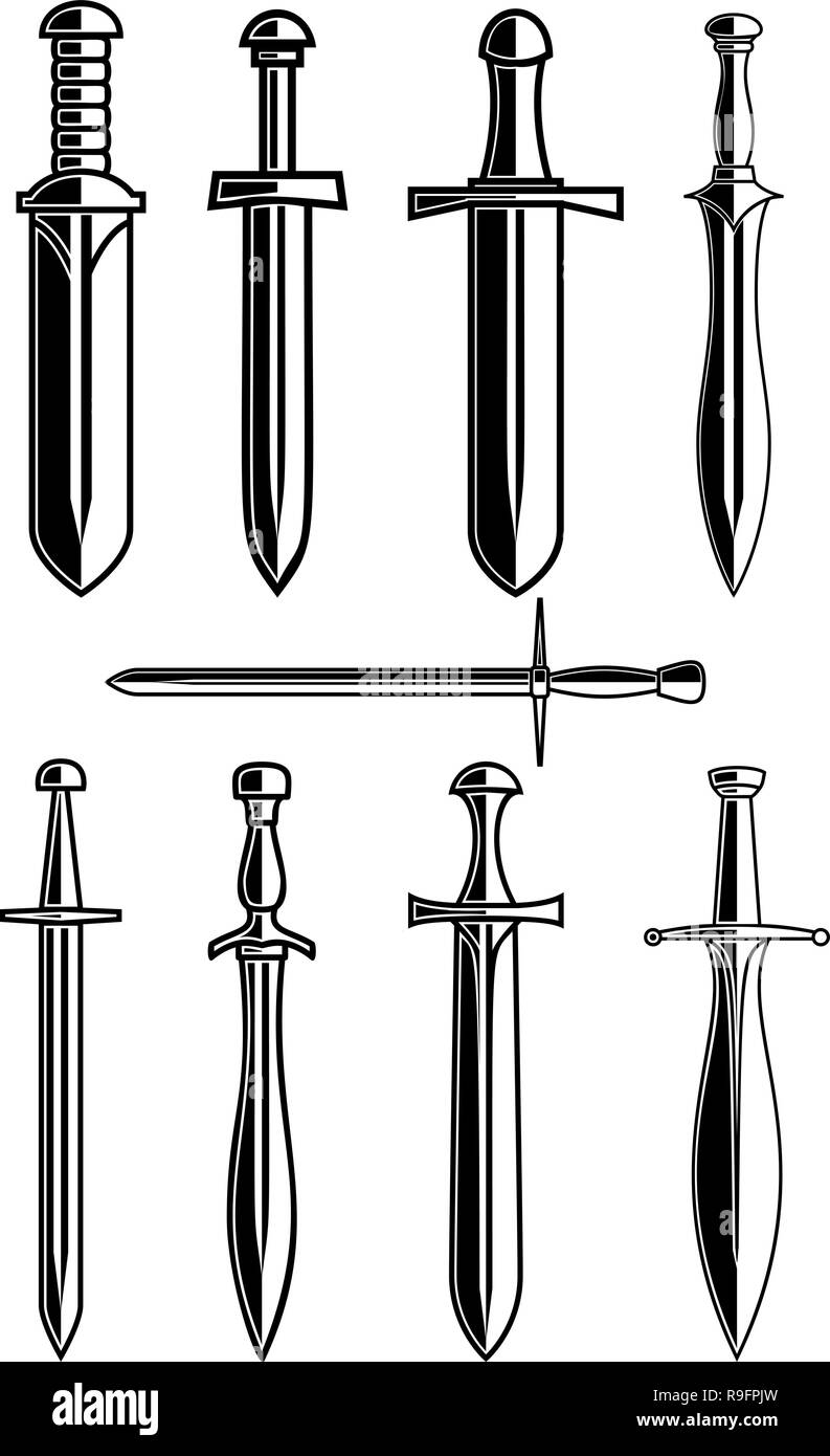 Set of ancient swords on white background. Design element for logo, label, emblem, sign. Vector illustration Stock Vector