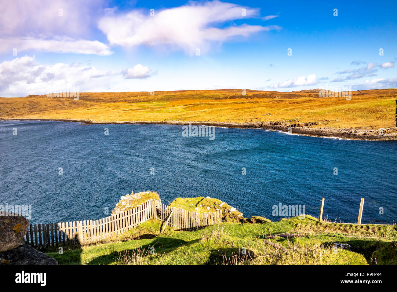 Duntulm seen from the ruins of Duntulm Castle, Isle of Skye - Scotland. Stock Photo