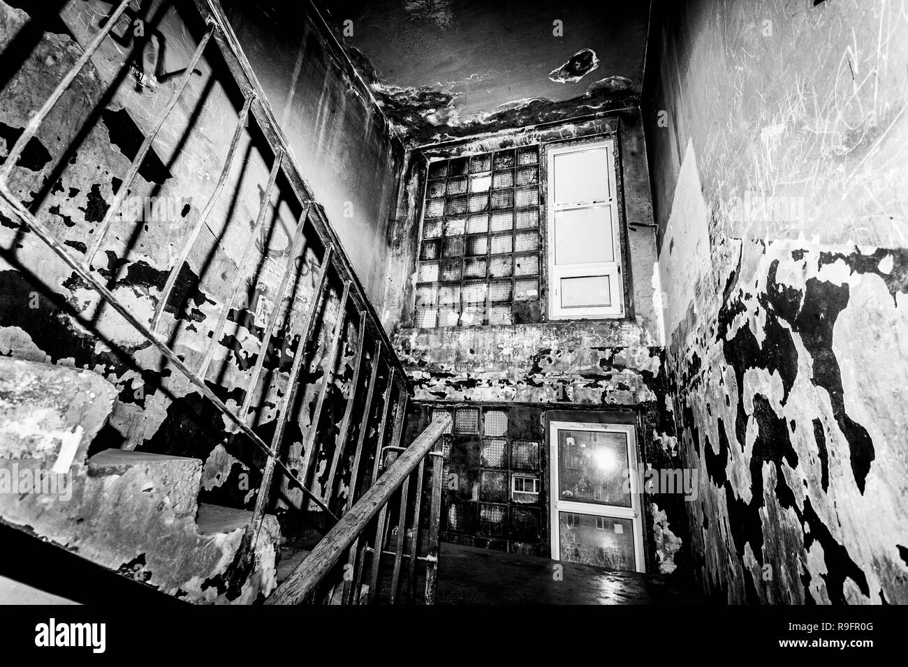 Awful and very dirty interior of apartment building. Place of horror