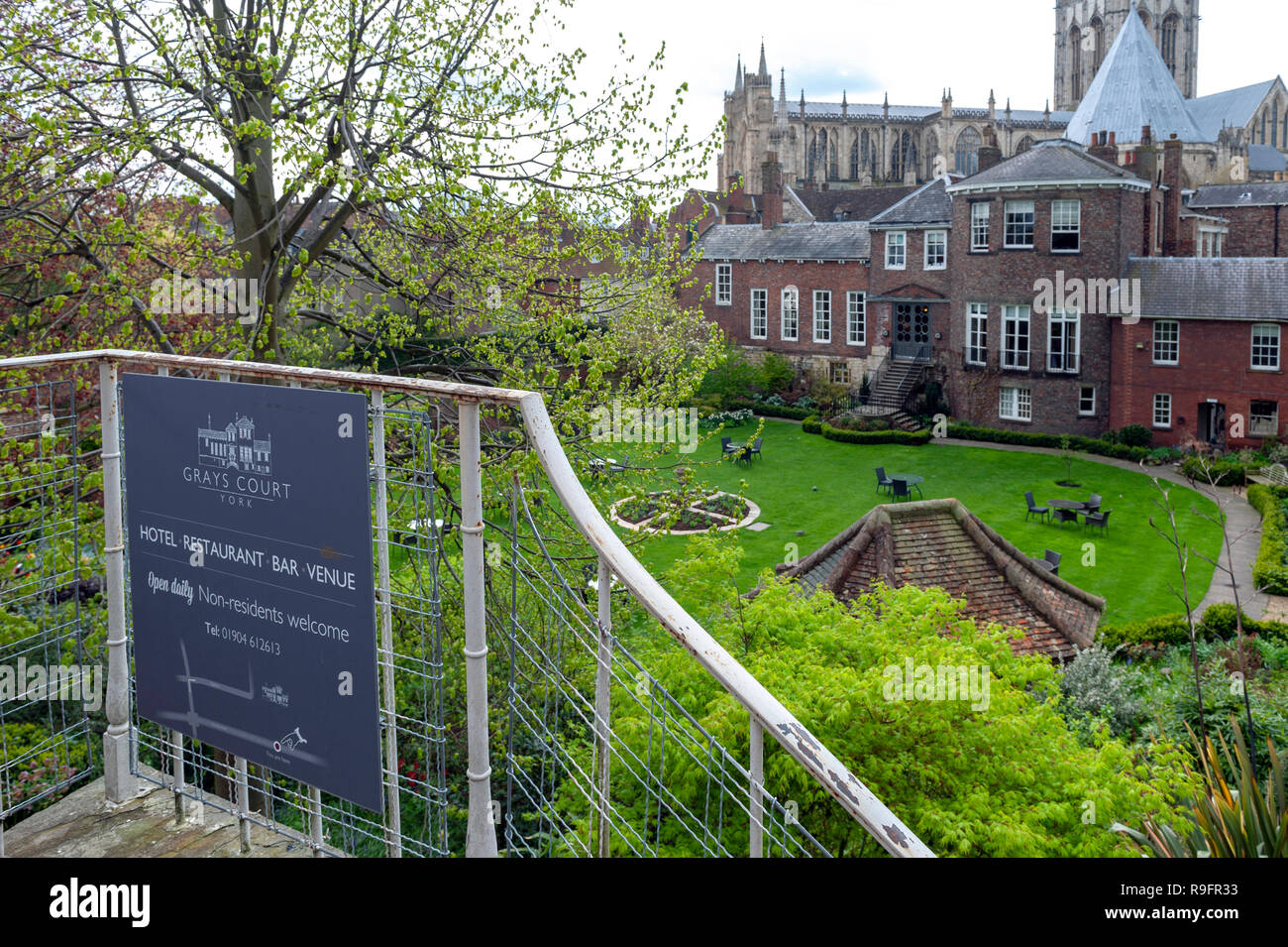 York, England - April 2018: Old building of Grays Court Hotel and Restaurant in old town seen from York City Walls in City of York, England, UK Stock Photo