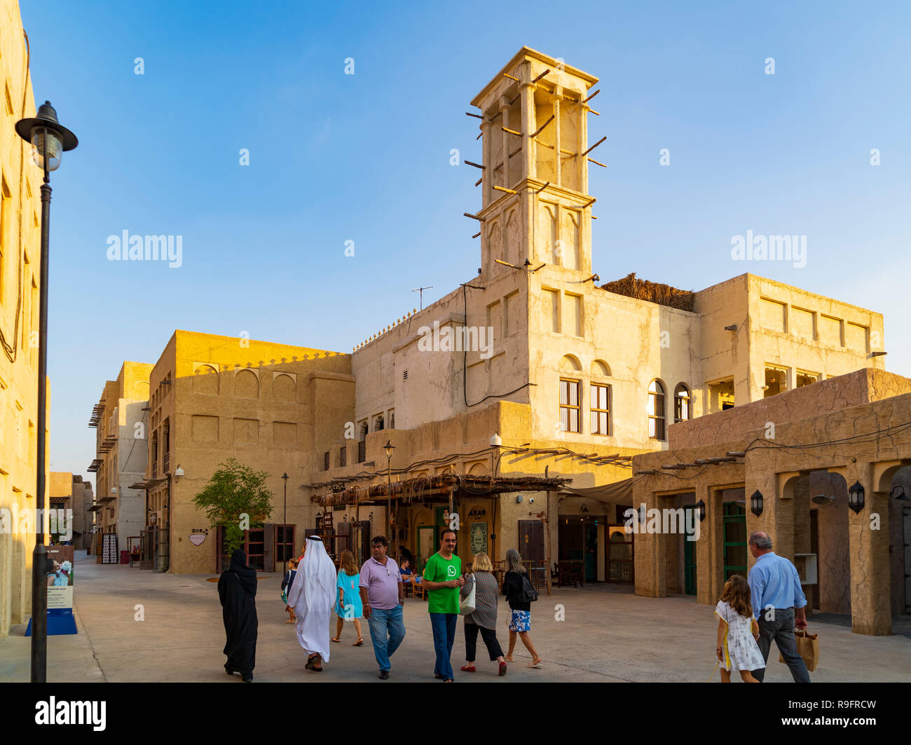 New Al Seef cultural district, built with traditional architecture and design, by The Creek waterside in Dubai, United Arab Emirates Stock Photo