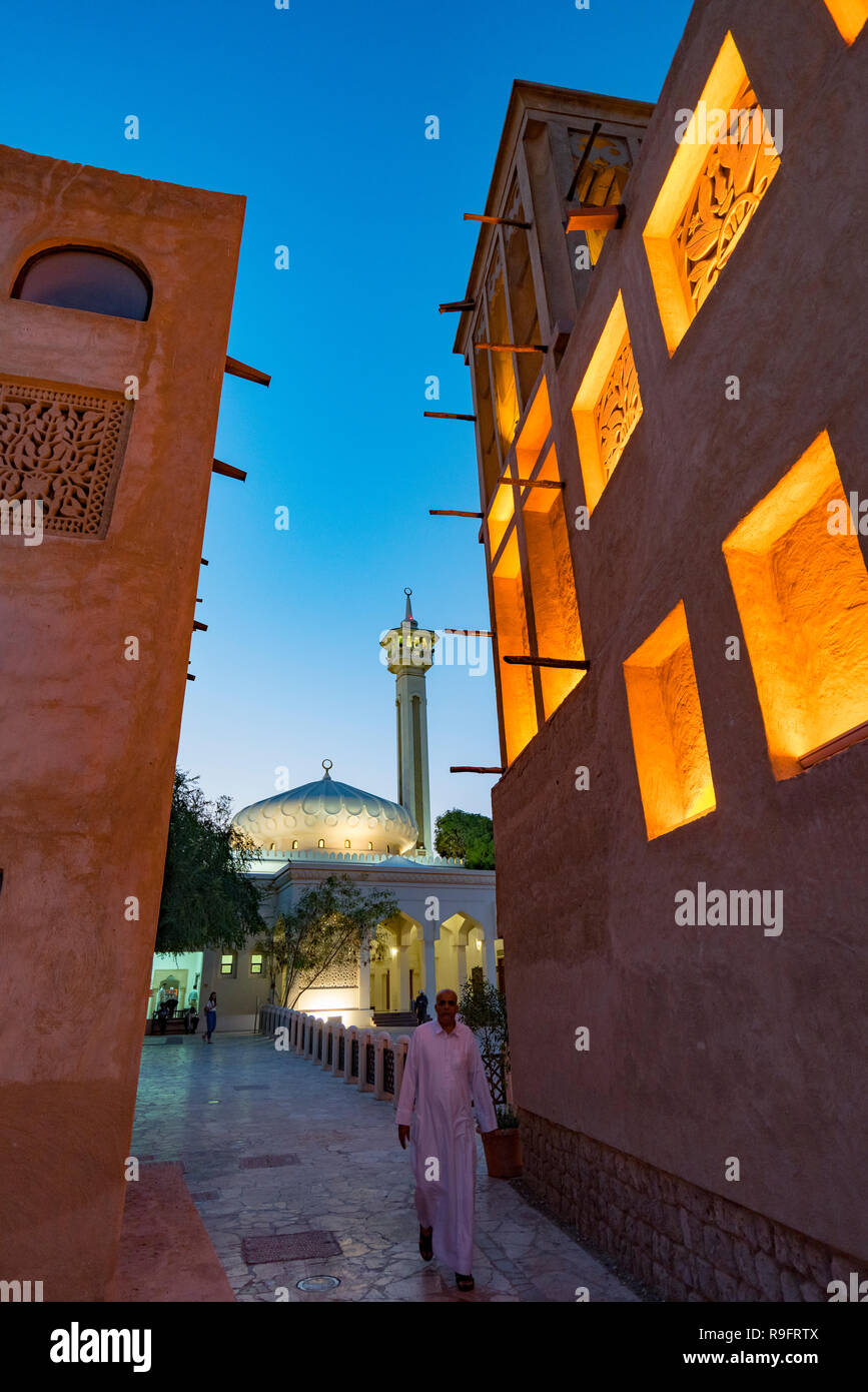 View of old buildings and wind towers at original historic Al Fahidi district , al Bastakiya , in Dubai, United Arab Emirates Stock Photo