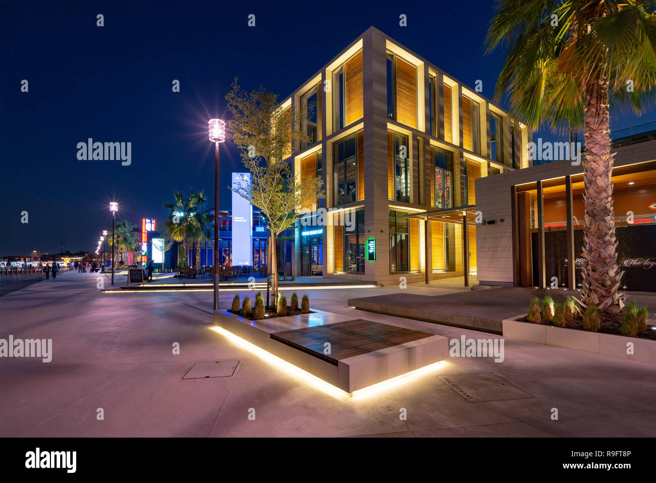 New Al Seef promenade with modern restaurants and cafes adjacent to new heritage district beside The Creek waterside in Dubai, United Arab Emirates Stock Photo