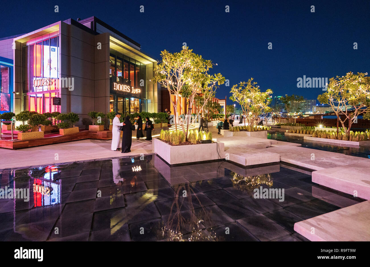 New Al Seef promenade with modern restaurants and cafes adjacent to new heritage district beside The Creek waterside in Dubai, United Arab Emirates Stock Photo