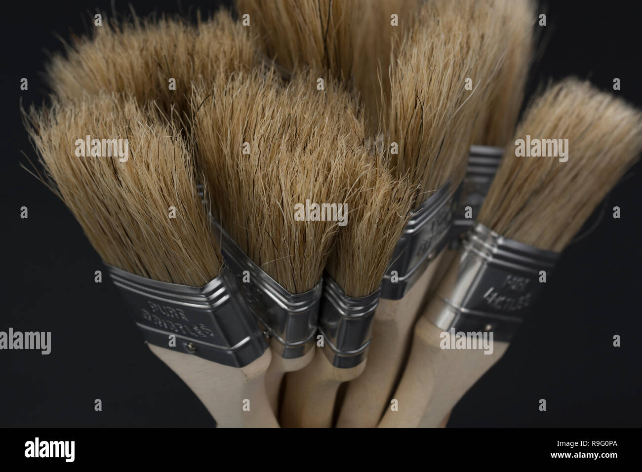 Close-up natural bristle wooden paintbrushes / paint brushes - metaphor for home decoration / decorating, painted in broad strokes, painting. Stock Photo