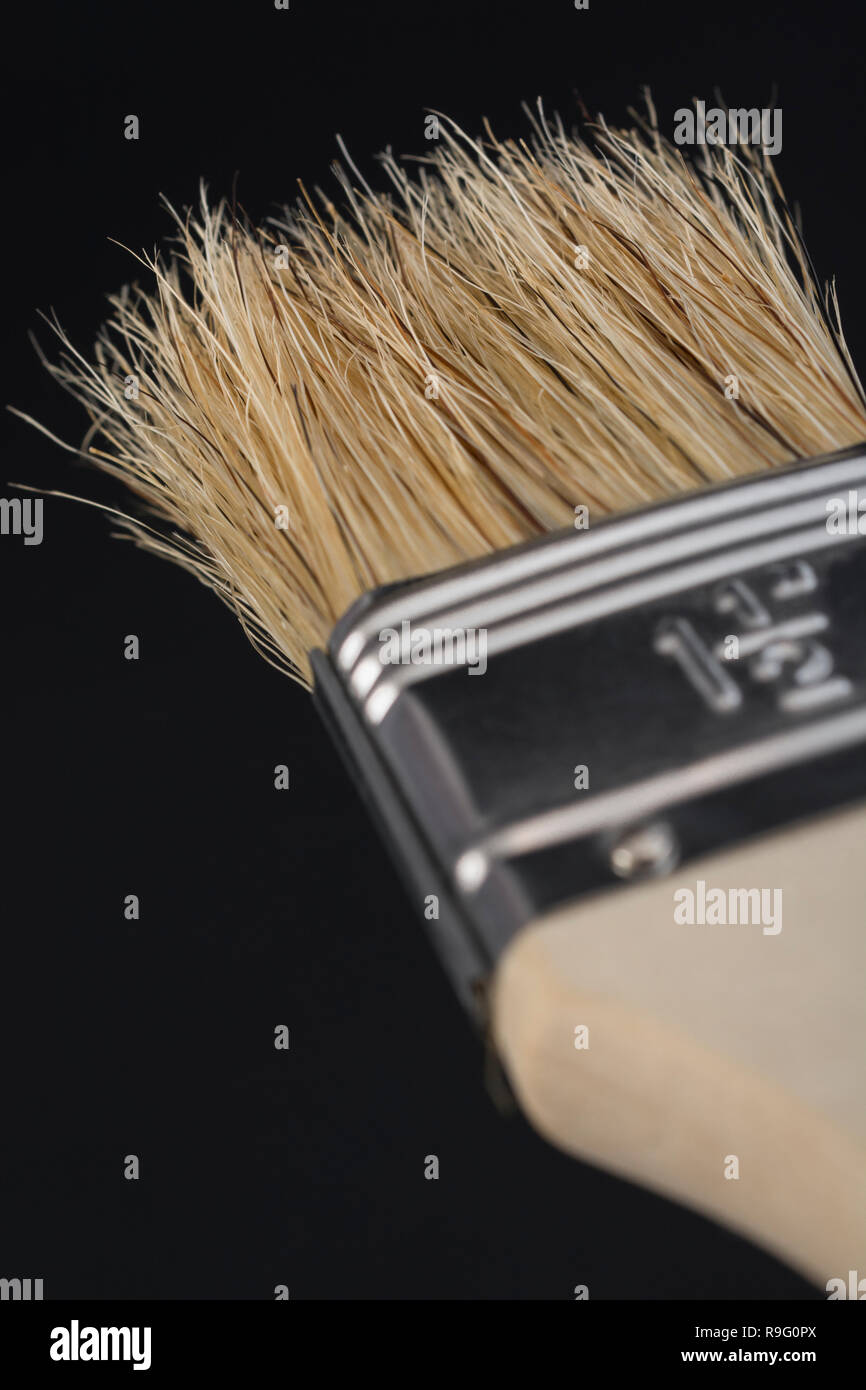Close-up of natural bristle wooden paintbrush / paint brush - metaphor for home decoration / decorating, painted in broad strokes, painting. Stock Photo