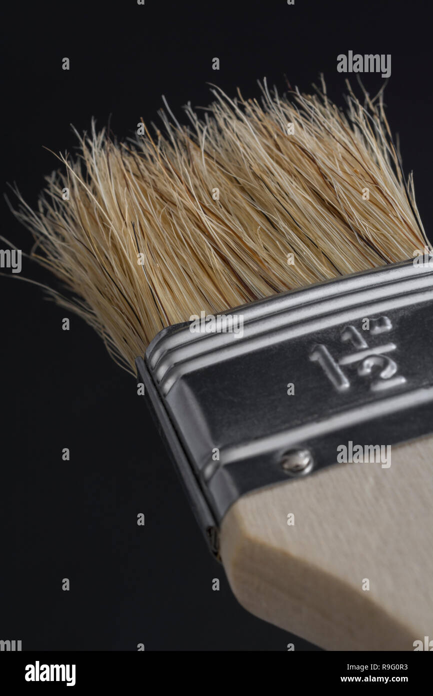 Close-up of natural bristle wooden paintbrush / paint brush - metaphor for home decoration / decorating, painted in broad strokes, painting. Stock Photo