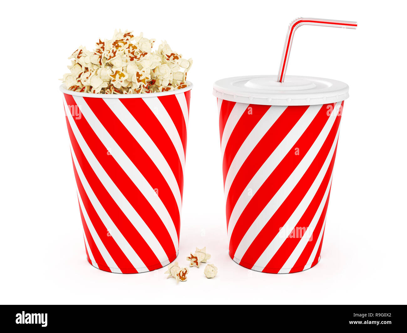 Popcorn in striped bucket with cola in takeaway cup isolated on white background, 3D rendering Stock Photo