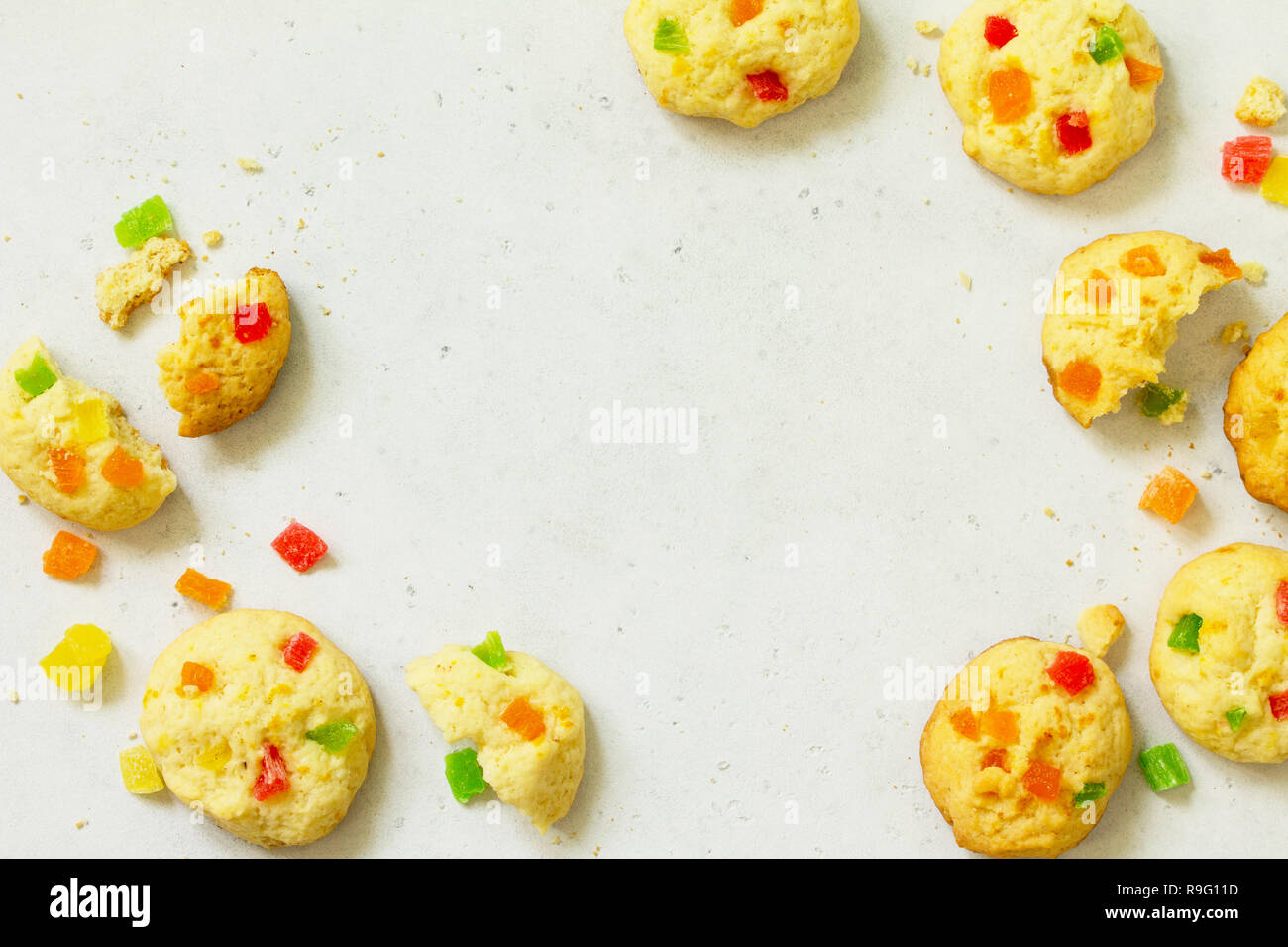 Cookies bar. Homemade cookies with candied fruit, isolate on a light