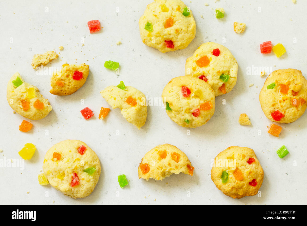 Cookies bar. Homemade cookies with candied fruit, isolate on a light