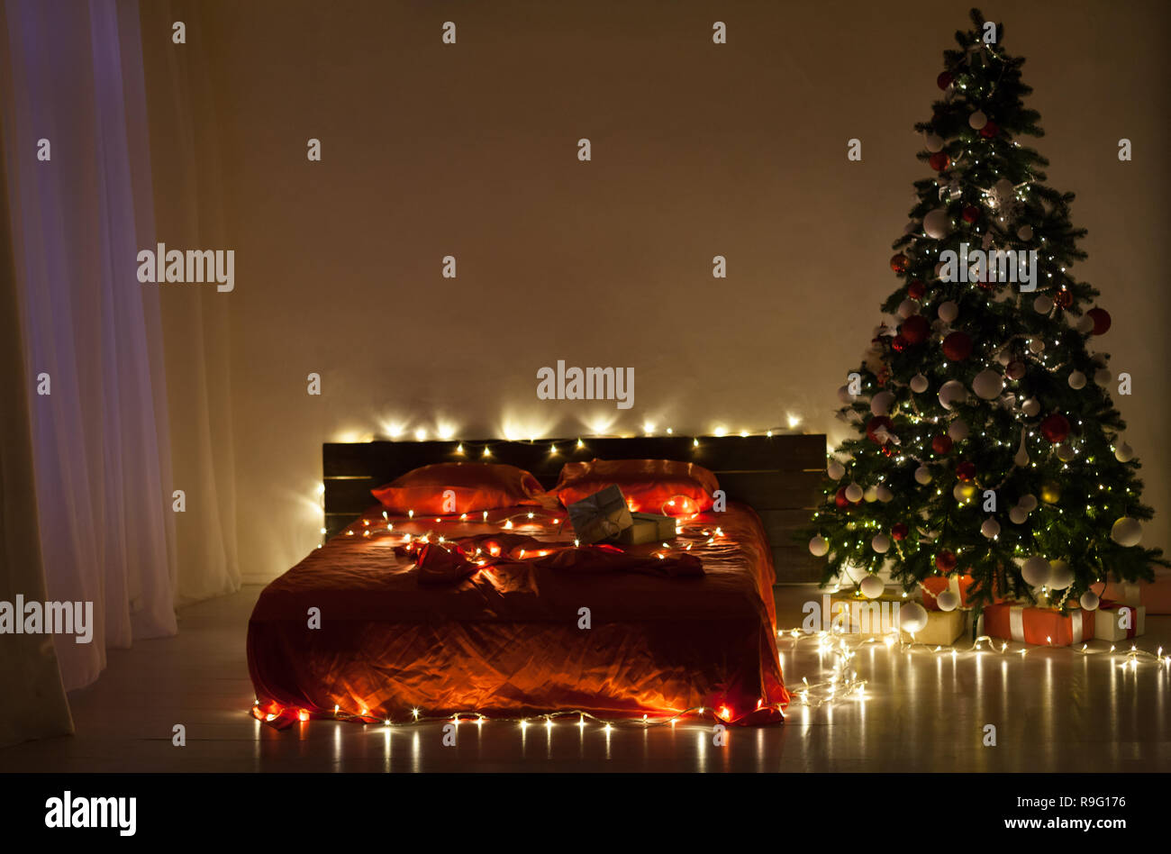 Christmas Decorated Bedroom Bed Stock Photos Christmas