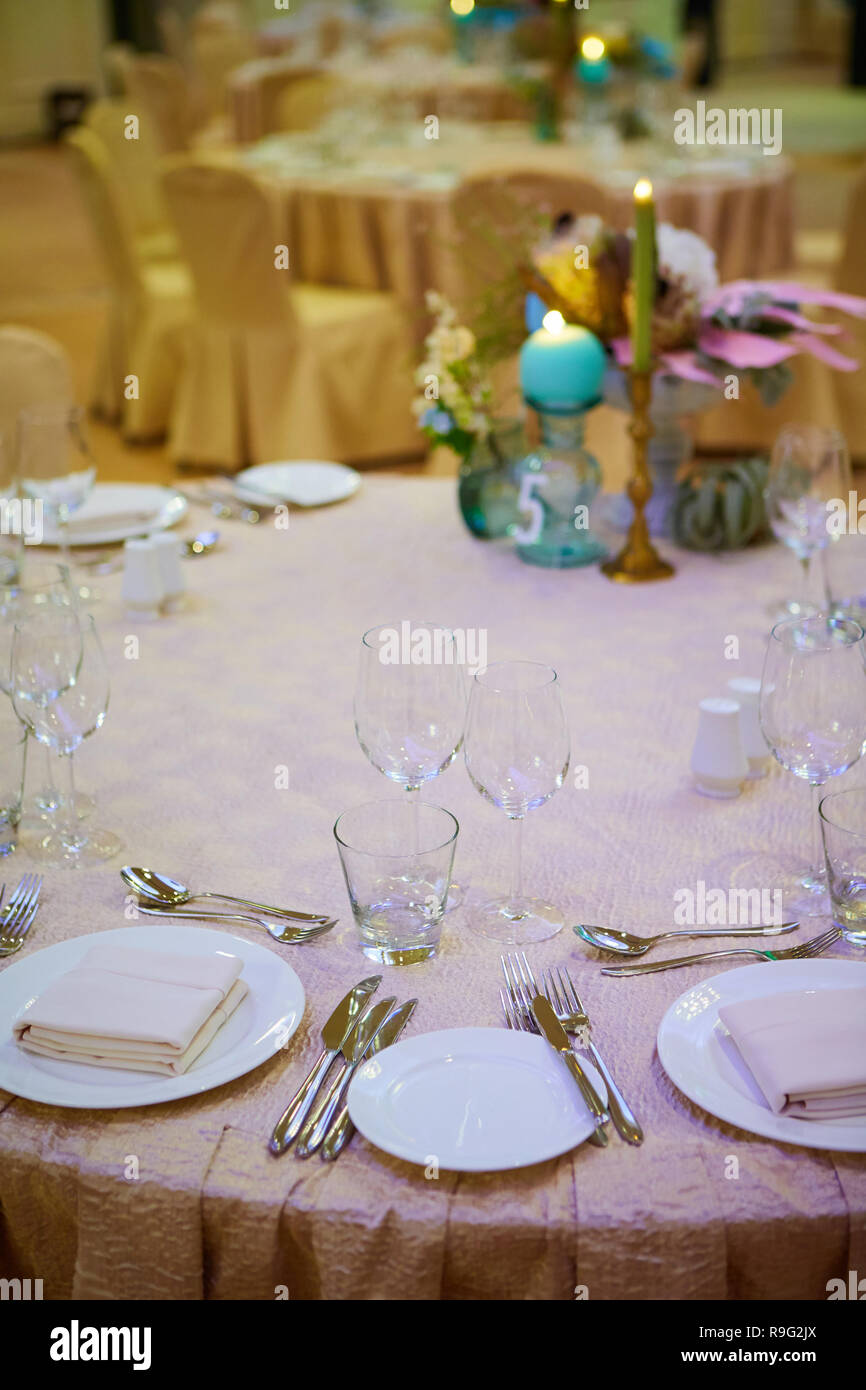 The Luxury Wedding Reception Dinner Table Setup Stock Photo