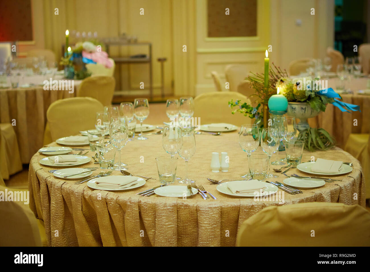The Luxury Wedding Reception Dinner Table Setup Stock Photo