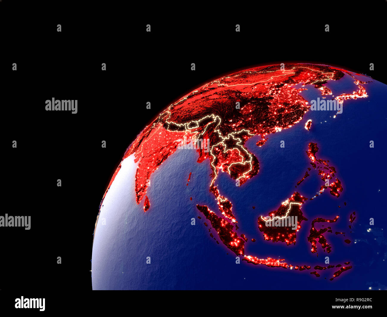 Satellite view of Asia on Earth with city lights. Extremely detailed ...