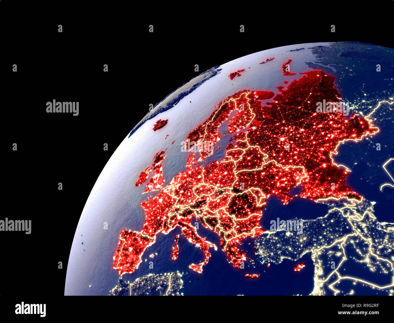 Satellite view of Europe on Earth with city lights. Extremely detailed ...