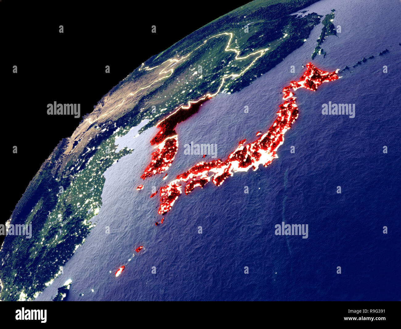 Real Satellite Images Of Earth Satellite View Of Japan And Korea On Earth With City Lights. Extremely  Detailed Plastic Planet Surface With Real Mountains. 3D Illustration.  Elements Stock Photo - Alamy
