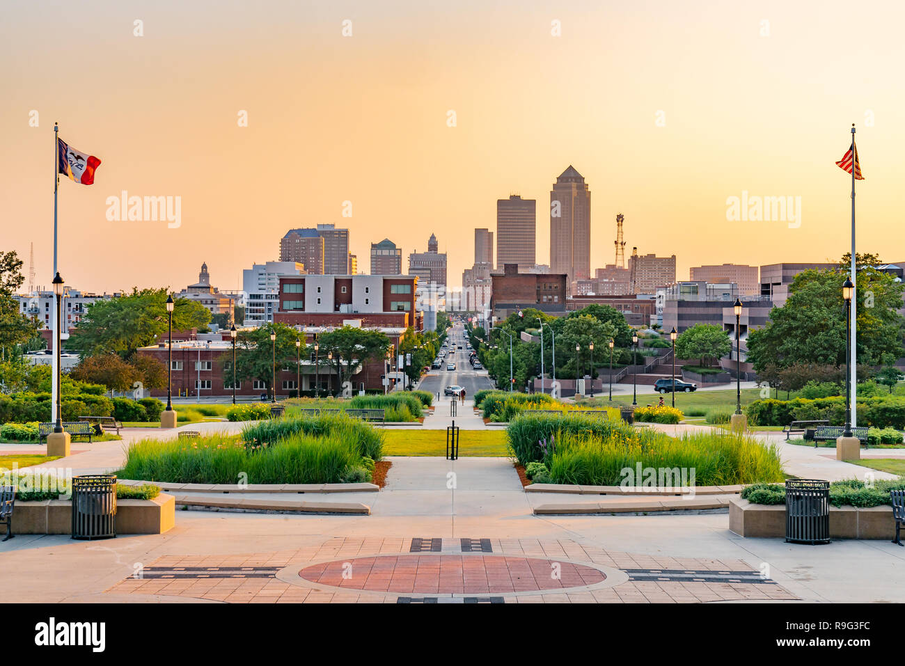 Des Moines, Iowa skyline from the state capital at sunset Stock Photo