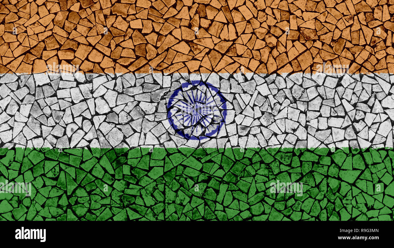 Mosaic Tiles Painting of India Flag, Background Texture Stock Photo