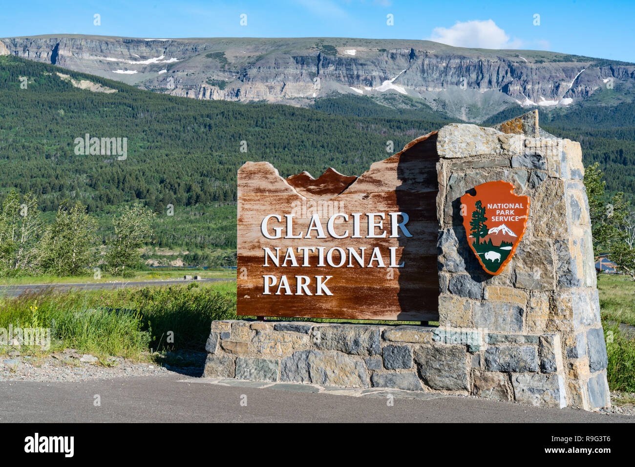 EAST GLACIER, MT - JUNE 30, 2018: Welcome sign at the entrance to Glacier National Park, Montana Stock Photo