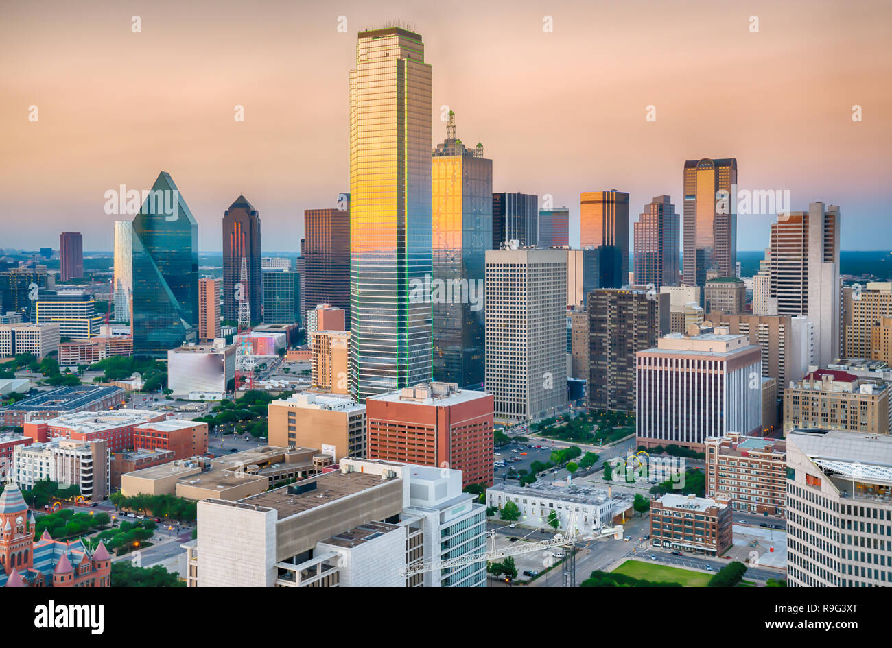 Aerial view of Dallas, Texas city skyline at sunset Stock Photo