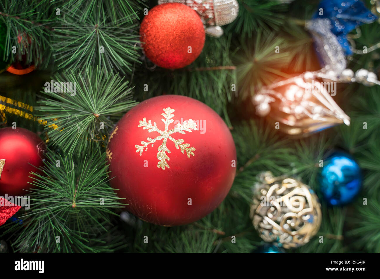 various christmas decorations on the christmas tree Stock Photo