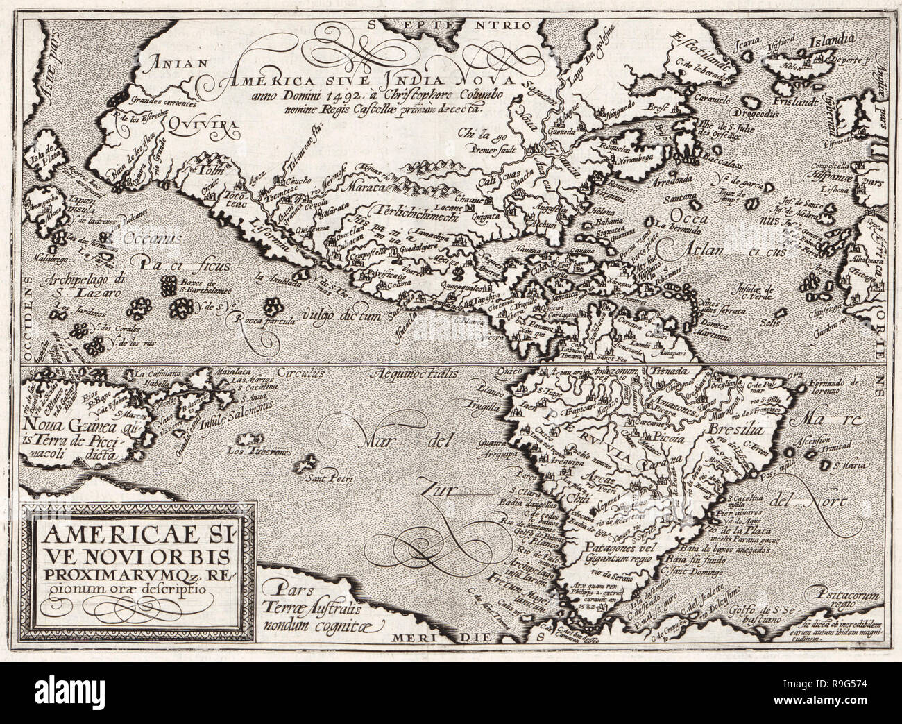 Americae sive novi orbis proxima regionum orae descriptio - America regions near the coast description - Map, circa 1602 Stock Photo