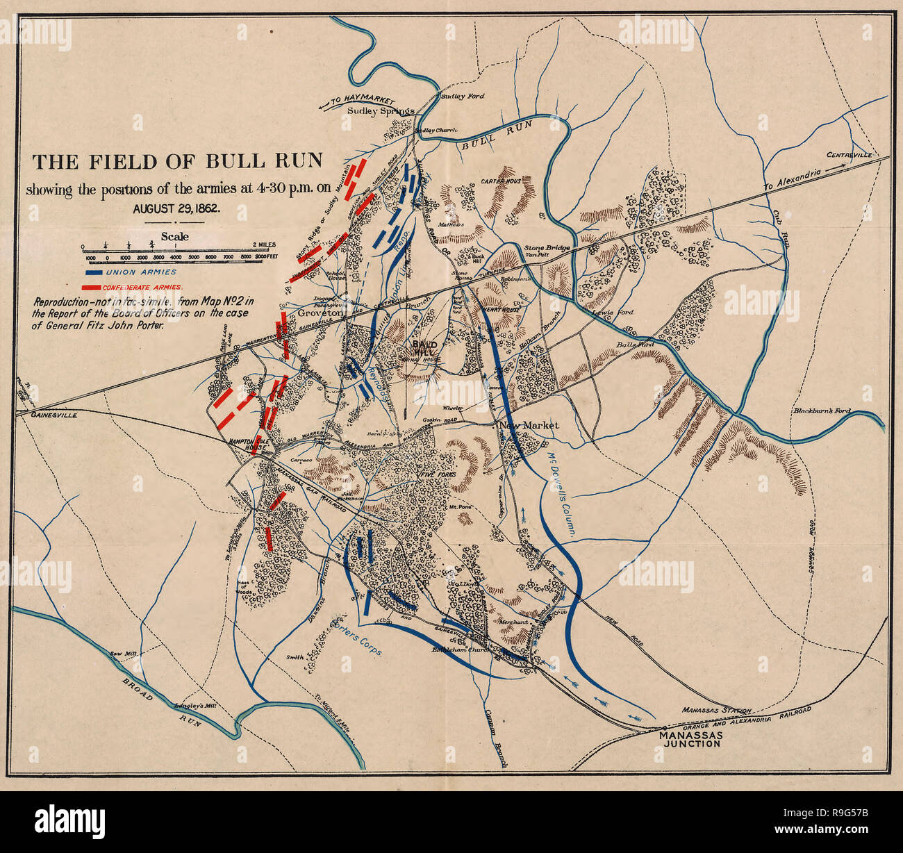 The field of Bull Run : showing the positions of the armies at 4:30 p.m. on August 29, 1862. The Second Battle of Bull Run - American Civil War Stock Photo