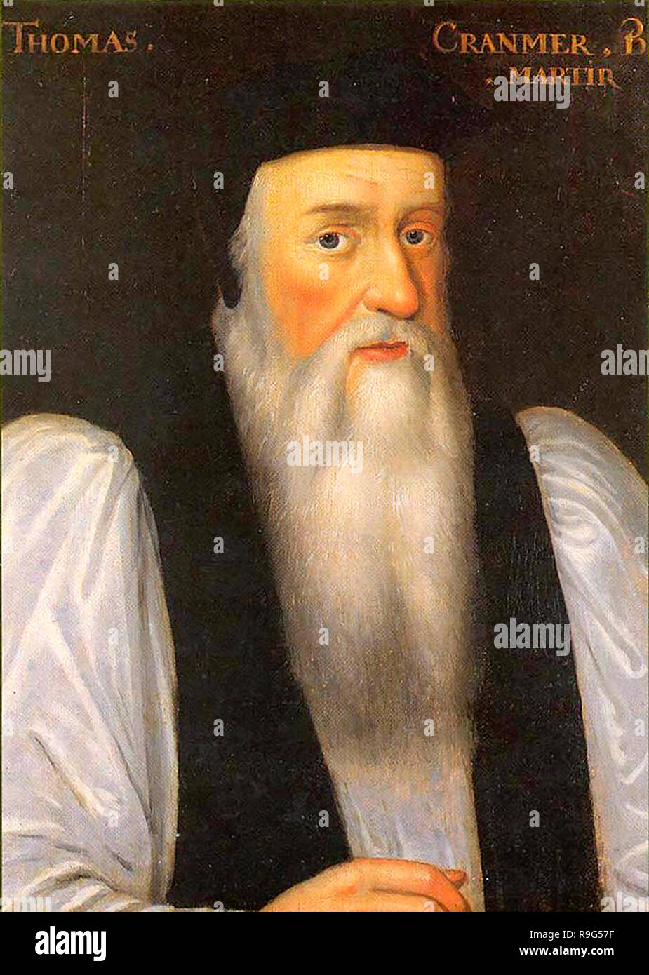 Thomas Cranmer. Cranmer, Archbishop of Canterbury from 1533 to 1555, was the architect of the English Reformation. A portrait by Gerlach Flicke shows him without a beard in 1546, so this painting depicts him late in life. Stock Photo