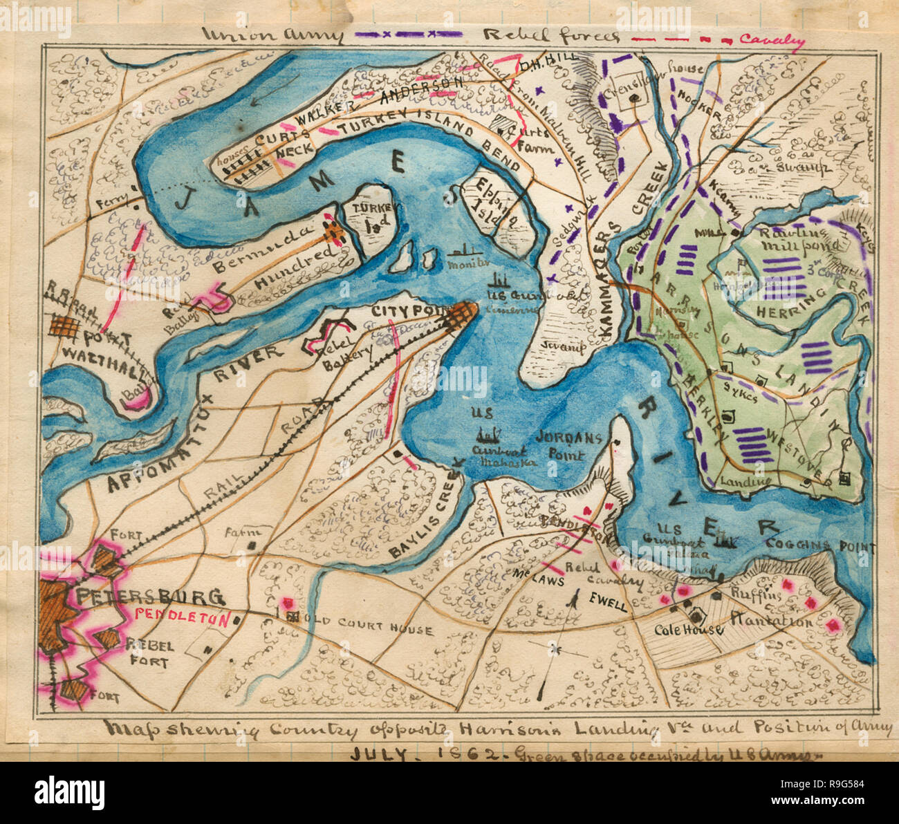Map showing country opposite Harrison's Landing, Virginia, and position of Union Army. Shows the location along the James River between Petersburg and Harrison's Landing, Va., of the camps of the U.S. Army of the Potomac after the Seven Days' Battles, 26 June-1 July 1862. Positions of U.S. gunboats are indicated along the James River as well as Confederate strongholds and positions of the Cavalry. Stock Photo